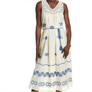 Ellen Tracy Ivory and Blue Embroidered Midi Dress